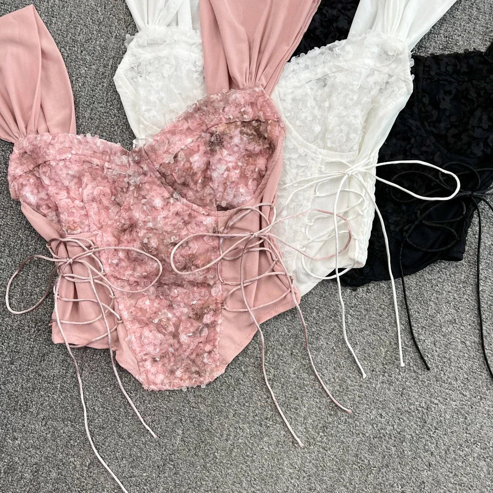 Flower Lace Tank Top Fish Bone Crop Design Inner Strap French Tube Tops Y2k Cute Pink Corset Summer Wear