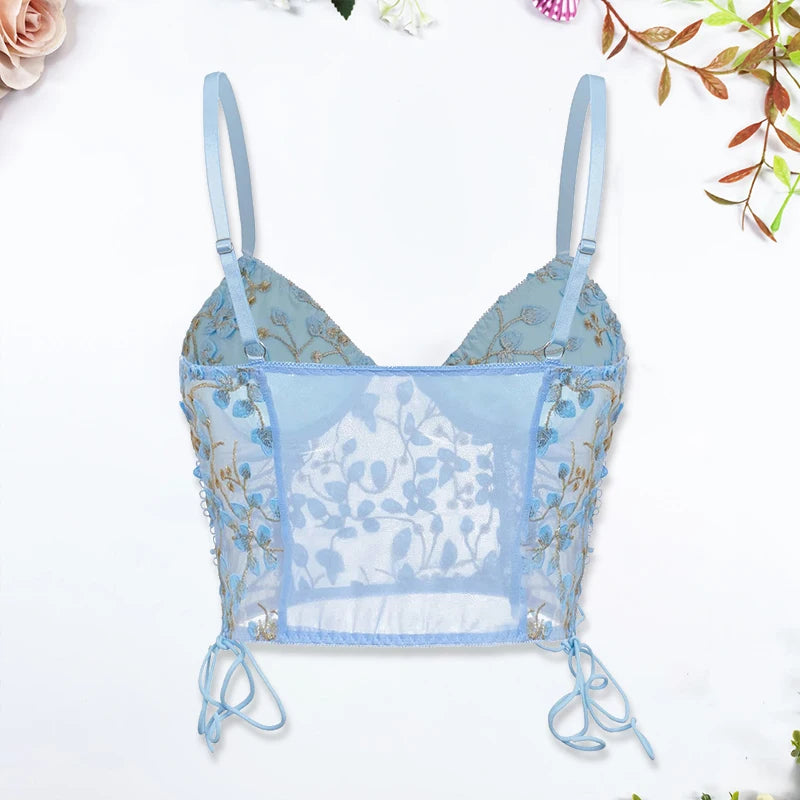 The Azure Bloom Camisole | French Floral Embroidery Ultra-Thin Corset Bra | Sexy Slim-Fit Rayon Lace Vest | Parisian Princess