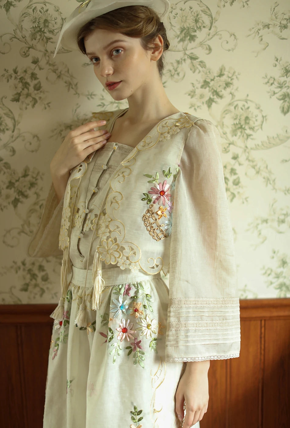 The Antoinette Tassel Embroidery Vest | French Antique Floral Cotton Gilet | Open-Stitch V-Neck | Parisian Princess