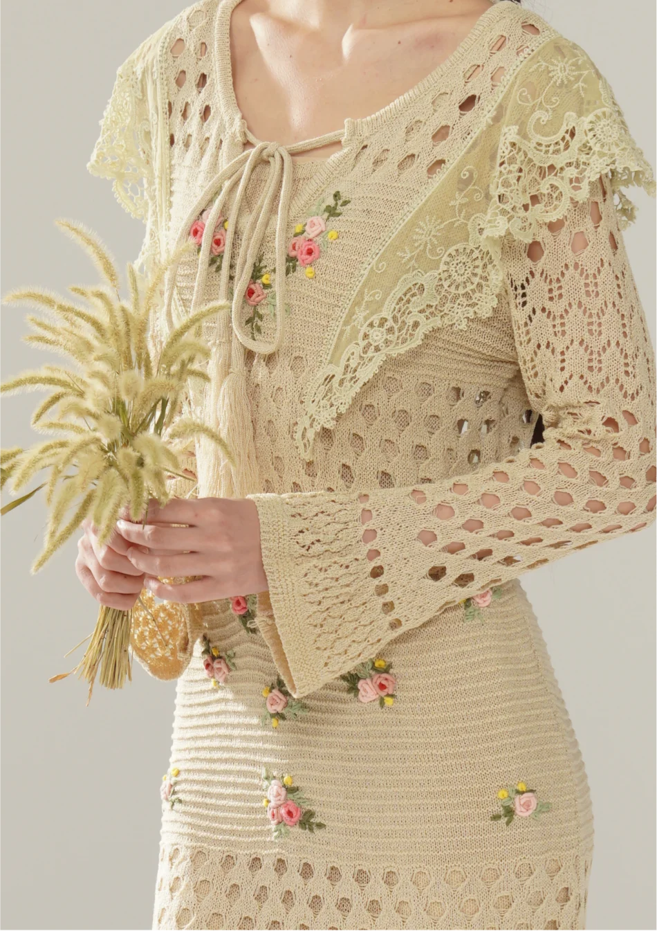 The Versailles Rose Knitted Fishtail | Hand-Embroidered Silk Blend Dress | French V-Neck Gown | Parisian Princess