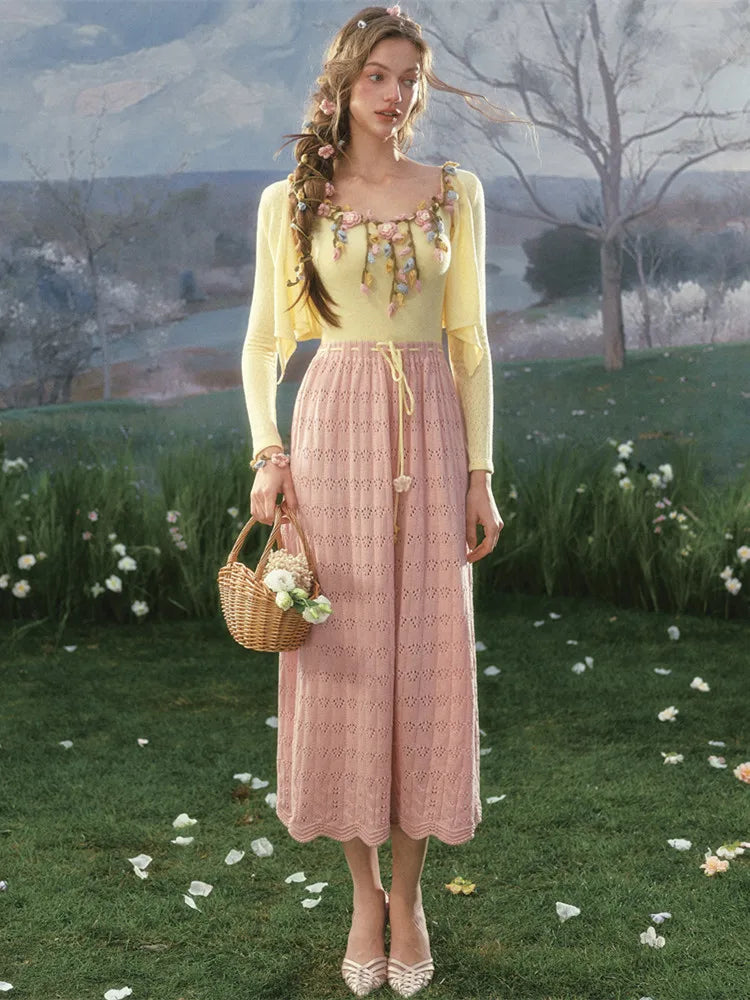 The French Pastoral Crochet Gown | Elegant Handmade Knitted Long Dress | Luxury Floral Fit &amp; Flare Midi | Parisian Princess