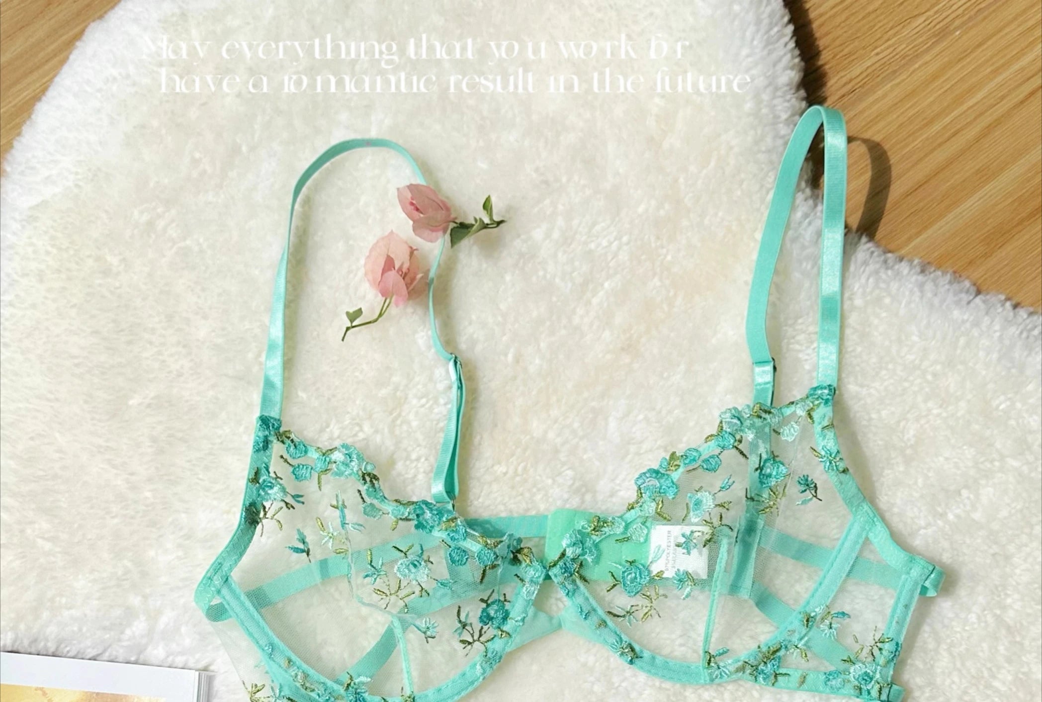 Parisian French Lingerie Set Sheer Tulle, Pink Floral Embroidery Bra Bralette, Sexy Pure Matching Set BANERDANNI Sexy Tushy Bras