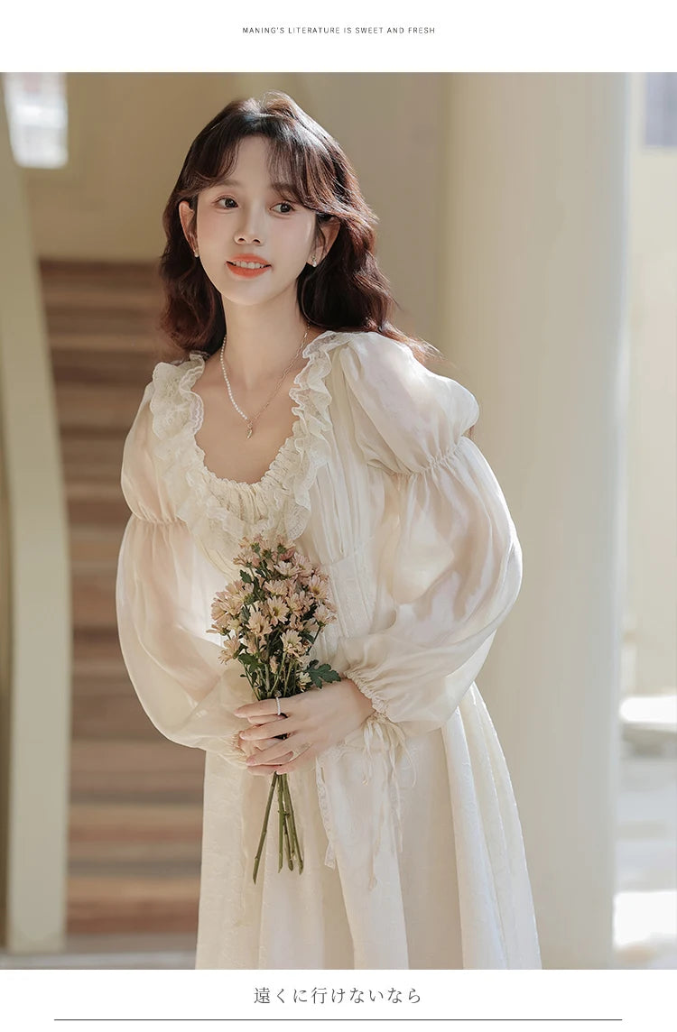 The Ethereal Princess Tatting Gown | Fairycore Lace Midi | French Square Neck Princess Sleeve Vestido | Parisian Princess