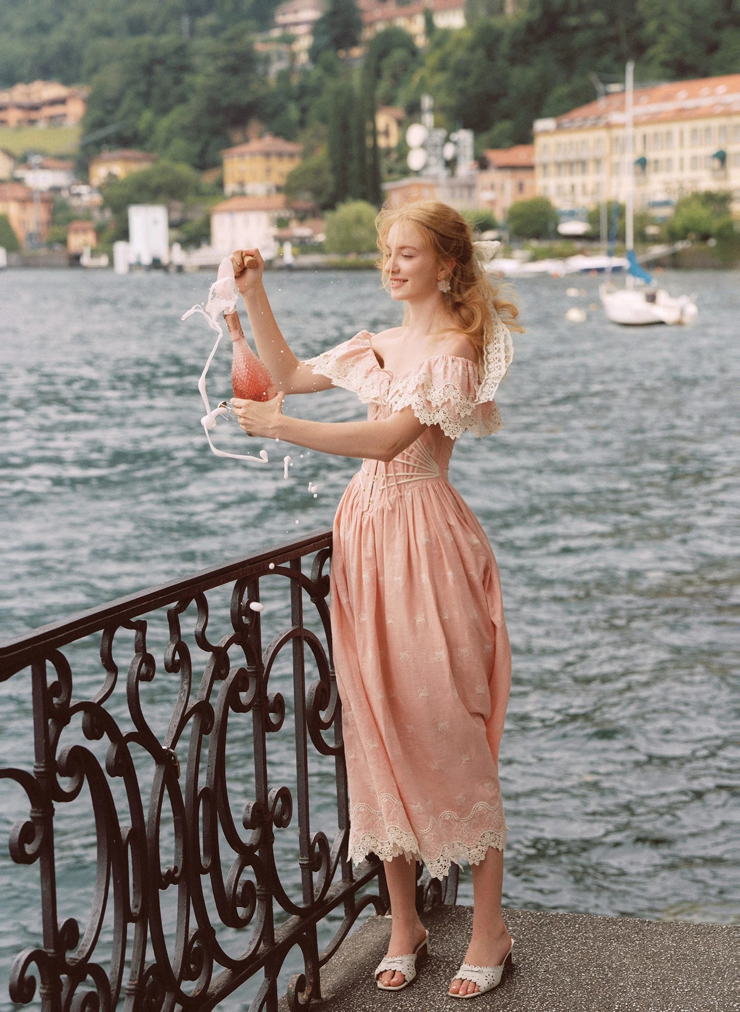 80-102cmSummer Pink Birthday Party Long Dress Women Vintage ElegantSlim Sexy Boat Neck Hollow Out Embroidery Lace Fishbone Dress