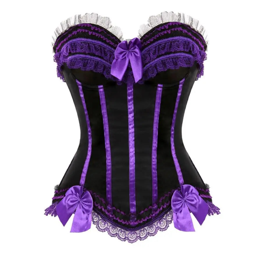 Sexy Lace Overbust Corset Top Women Vintage Satin Bow Bustier Lingerie With Zipper Plus Size Body Shaper Burlesque Corsets
