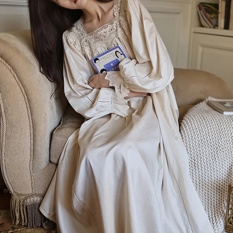 Parisian classical retro nightgown fairy princess style sweet lace square neck nightgown for girls long style women 100% cotton
