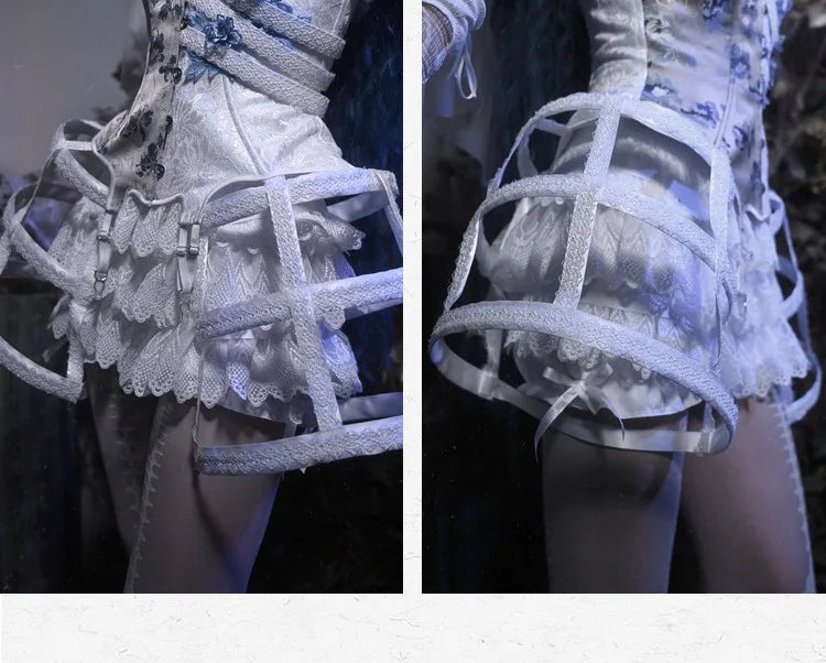 Parisian White Gothic Dress Birdcage Tube Emboridery Zombie Bride Slip Dress Palace Holloween Party Dresses Vestido Large