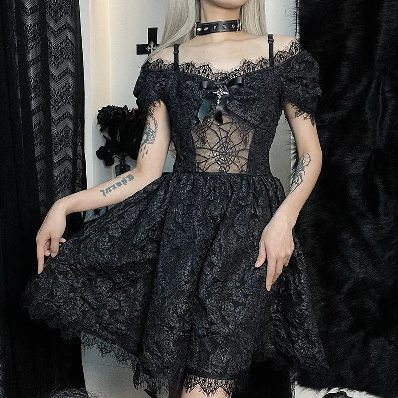 Gothica Lace Short Dress Women Cobweb Patchwork Short Sleeve Cold Shoulder Halloween Outfit Horror Ruffle Trim Costume