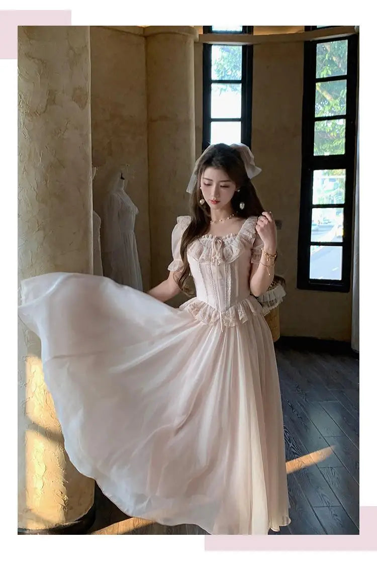 Timeless Signature Parisian Blush Pink Lace Dress French Couture Puff Sleeve Sweet Elegant Max