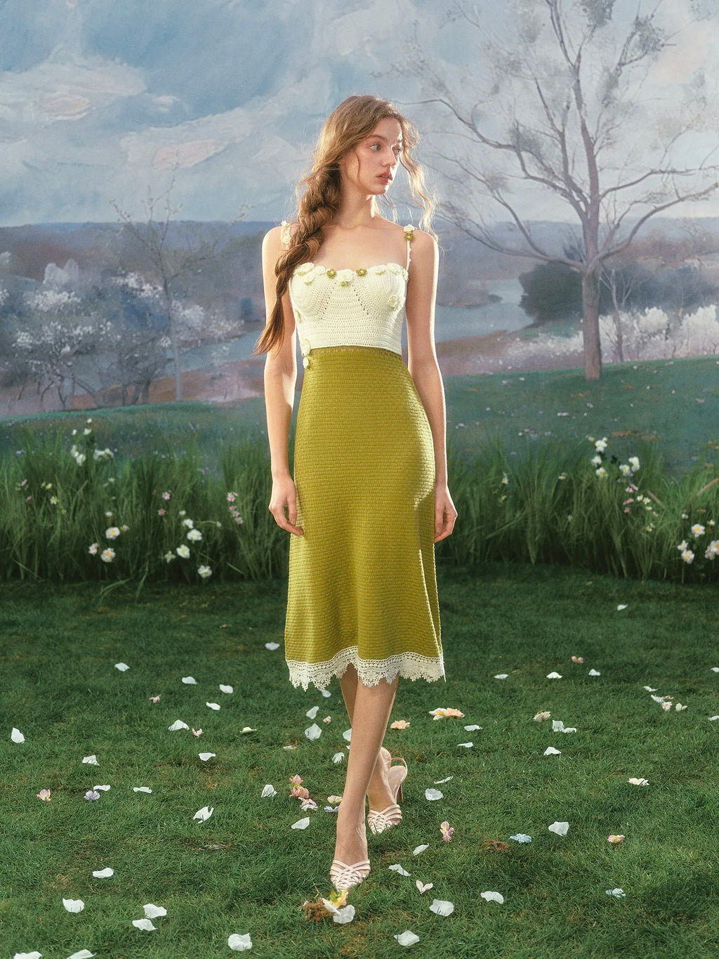 The Garden Princess Crochet Set | Wool Knitted Cardigan & Midi Dress | Handmade Floral Hollow-Out Two-Piece | Parisian Princess