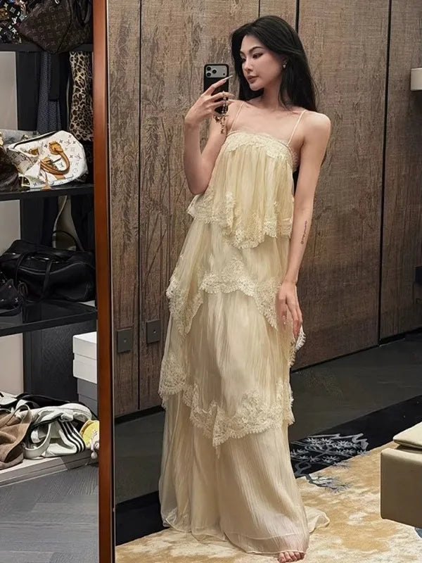 The Tuileries Fairy Lace A-Line Gown | High-Waist Sleeveless Maxi | French Vintage Zip-Up Dress | Parisian Princess