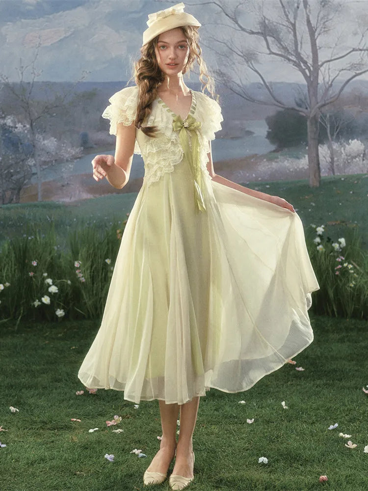 The Spring Meadow Butterfly Lace Gown | French Pastoral V-Neck Midi | Empire Waist Princess Dress | Parisian Princess
