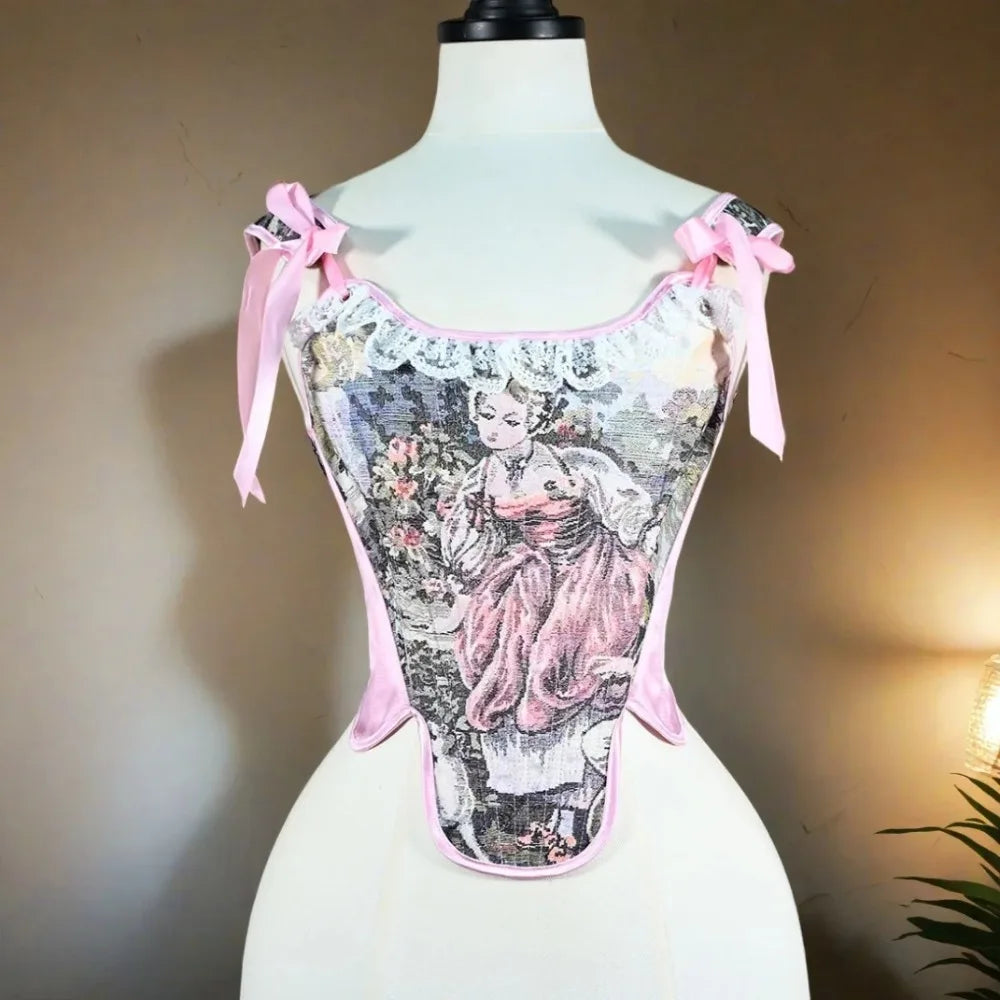 The Versailles Duchess Lace-Up Pink Bustier | French Lolita Overbust Corset | Vintage Bodice Crop Top | Parisian Princess