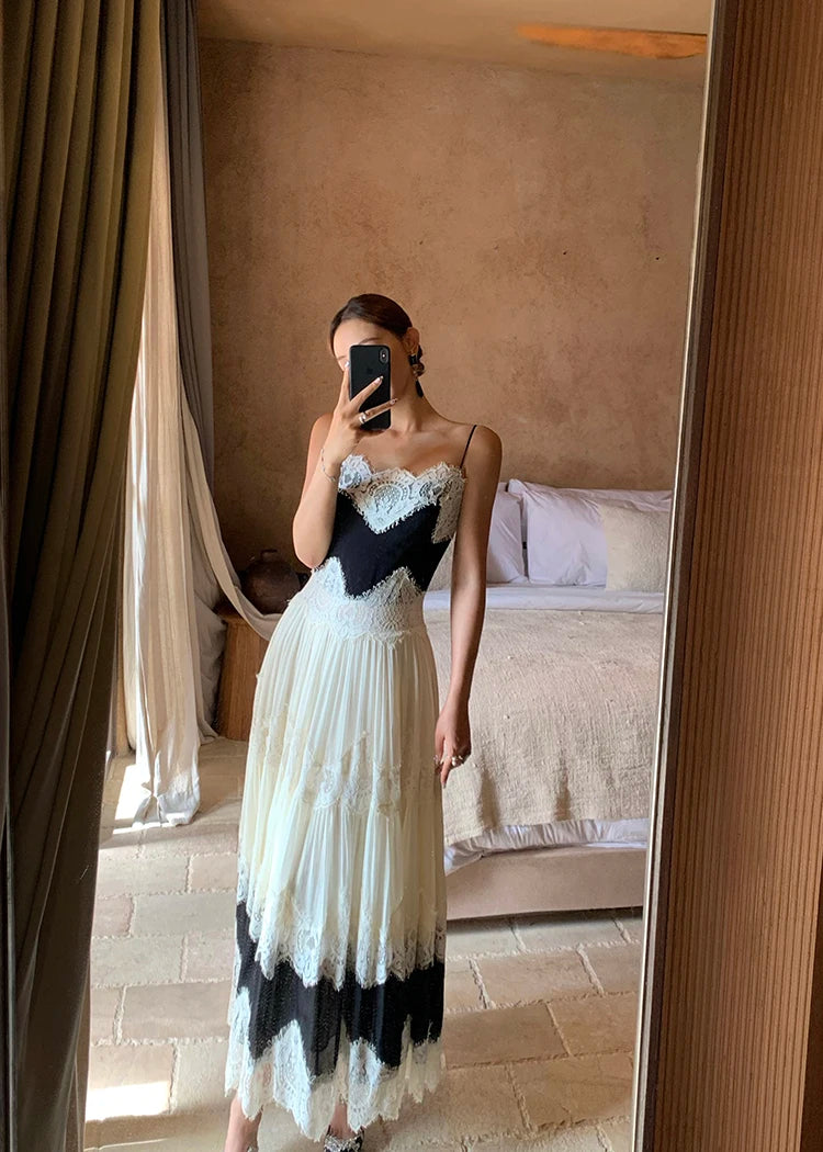 The Midnight Shore Gown | Gothica Summer Holiday Suspenders Dress | Backless Lace Patchwork Vacation Sling | Parisian Princess