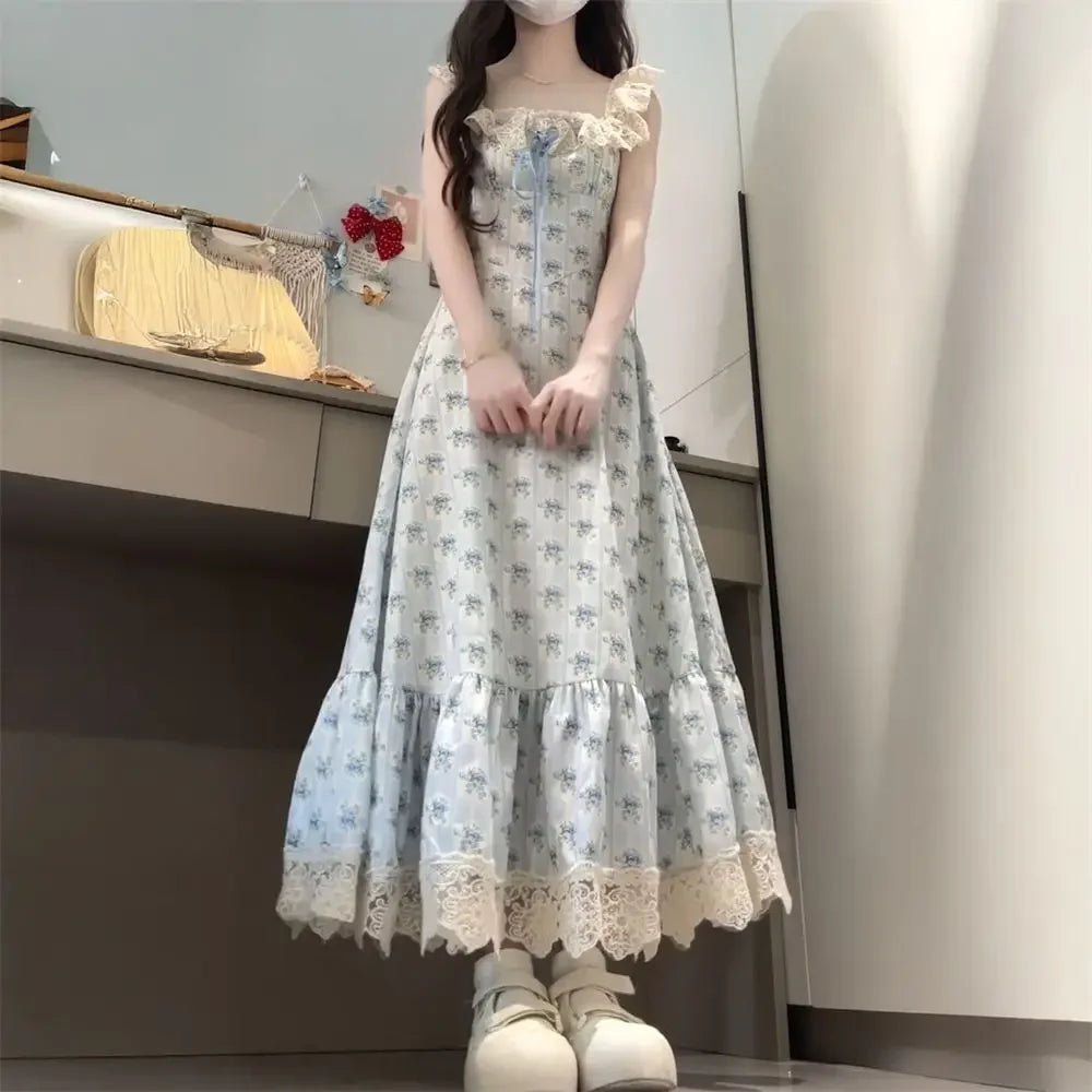 Parisian College Style Floral Print Strapless Dress Blue Sweater Cardigan Two-Piece Set Women's Fashion Casual Outfit Ensemble