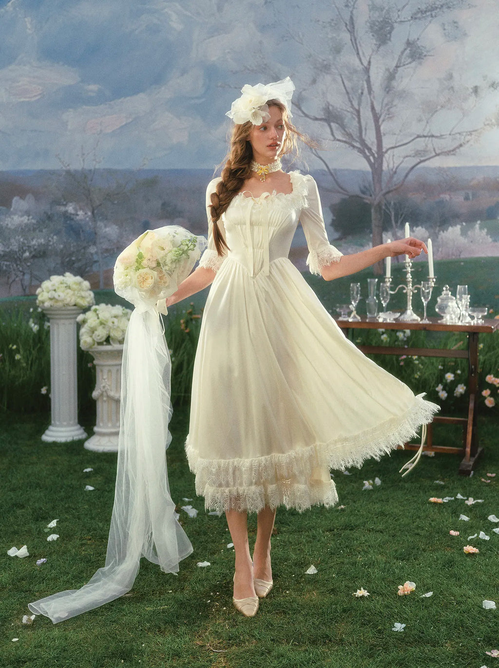 The Swan Regina Gown | French Vintage Court Satin Dress | Elegant Square Neck Wedding Maxi | Parisian Princess
