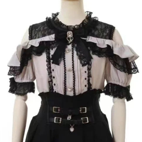 The Marais Midnight Blouse | French Gothic Lantern Sleeve Shirt | Vintage Lace Patchwork Lolita Top | Parisian Princess