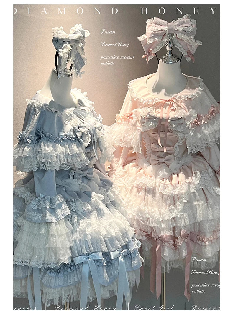 Pink Lolita Princess Dress Women's Bow Lace Heavy Industry Sweet Elegant Birthday Party Evening Dress Lady Suspender Dress Cloak