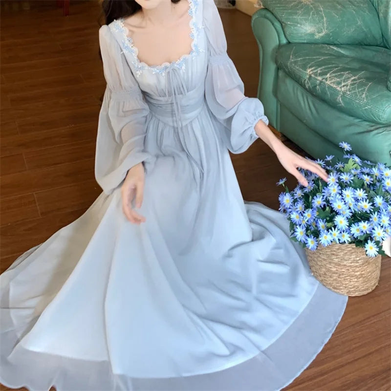Parisian Cottagecore Woman Dress Vintage Romantic Solid Chiffon Lantern Sleeve Fairy Princess Dresses For Date Party Night Faldas