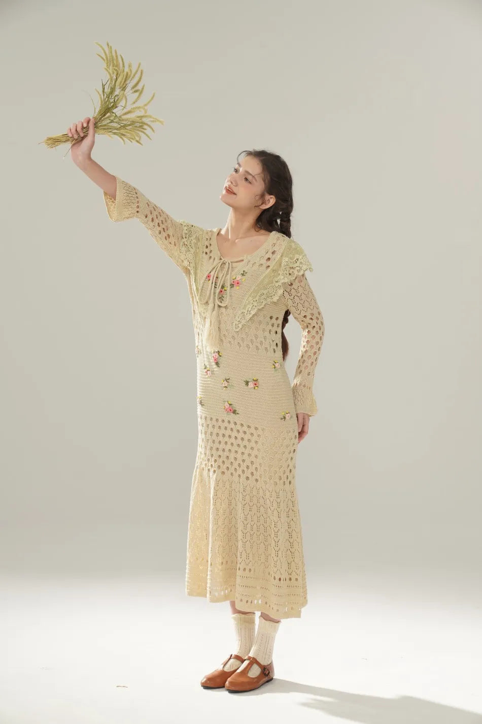 The Versailles Rose Knitted Fishtail | Hand-Embroidered Silk Blend Dress | French V-Neck Gown | Parisian Princess
