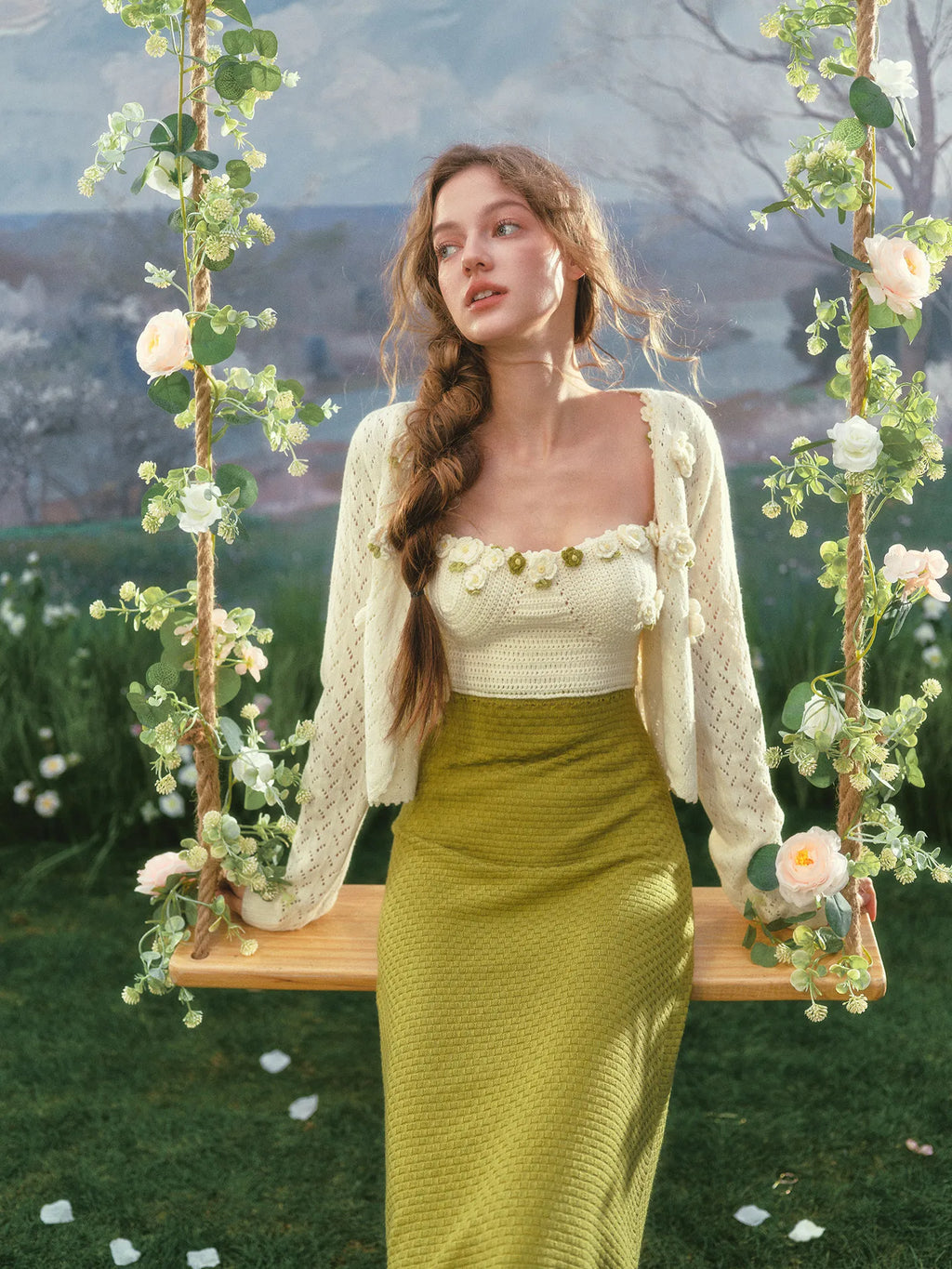 The Garden Princess Crochet Set | Wool Knitted Cardigan & Midi Dress | Handmade Floral Hollow-Out Two-Piece | Parisian Princess
