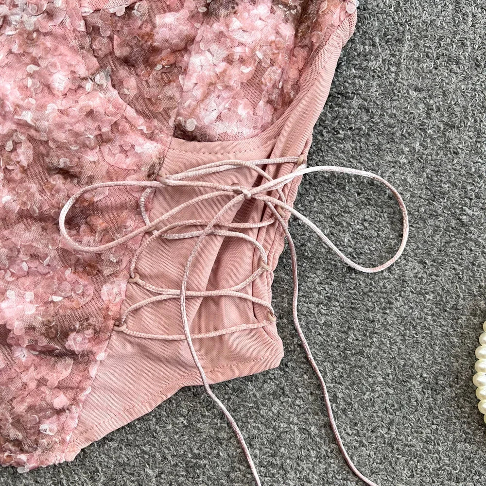 Flower Lace Tank Top Fish Bone Crop Design Inner Strap French Tube Tops Y2k Cute Pink Corset Summer Wear