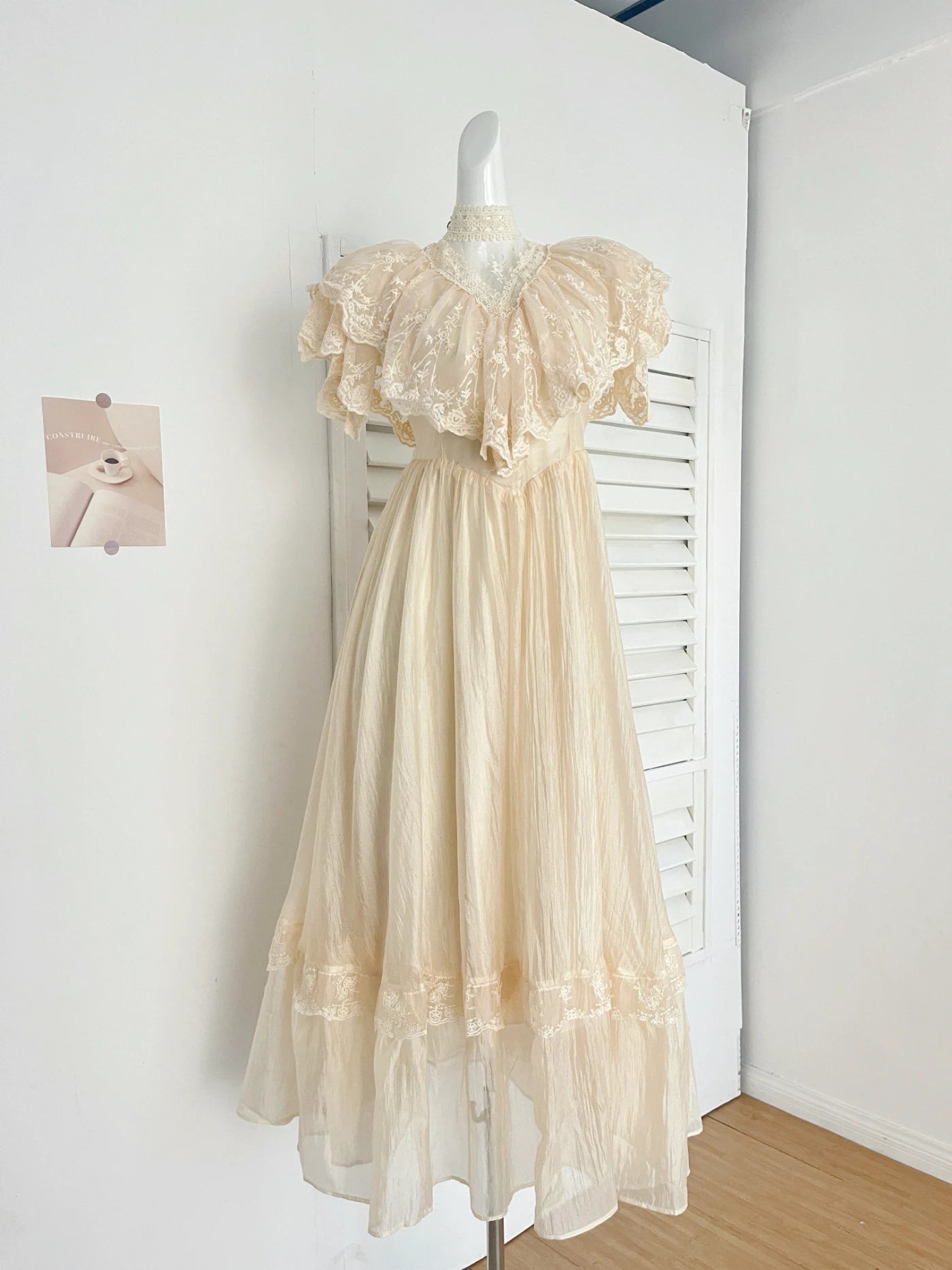 The Petal-Whisper Chiffon Gown: A Vintage Parisian Fairy Dress | Half-High Collar Lace Maxi | Parisian Princess