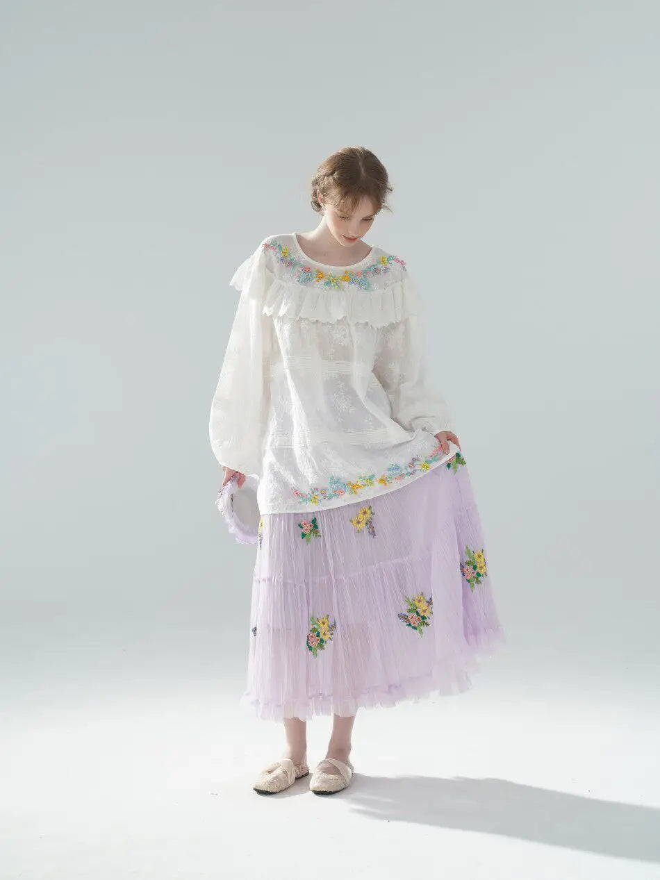 The Summer Floral Breeze Blouse | 100% Cotton Oversized White Top | Handmade 3D Embroidered Loose Lace Top | Parisian Princess