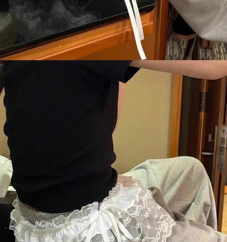 Lace-up Lace Side Half-body Skirt Short Sash Curtain Apron Girls Sweet Jeans Casual Pants Accessories Skirt