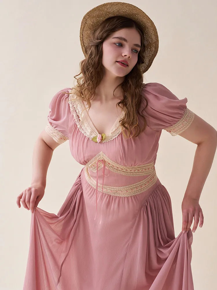 The Bagatelle Rose Garden Gown | French V-Neck Chiffon Midi | Vintage Empire Waist Plus Size Dress | Parisian Princess