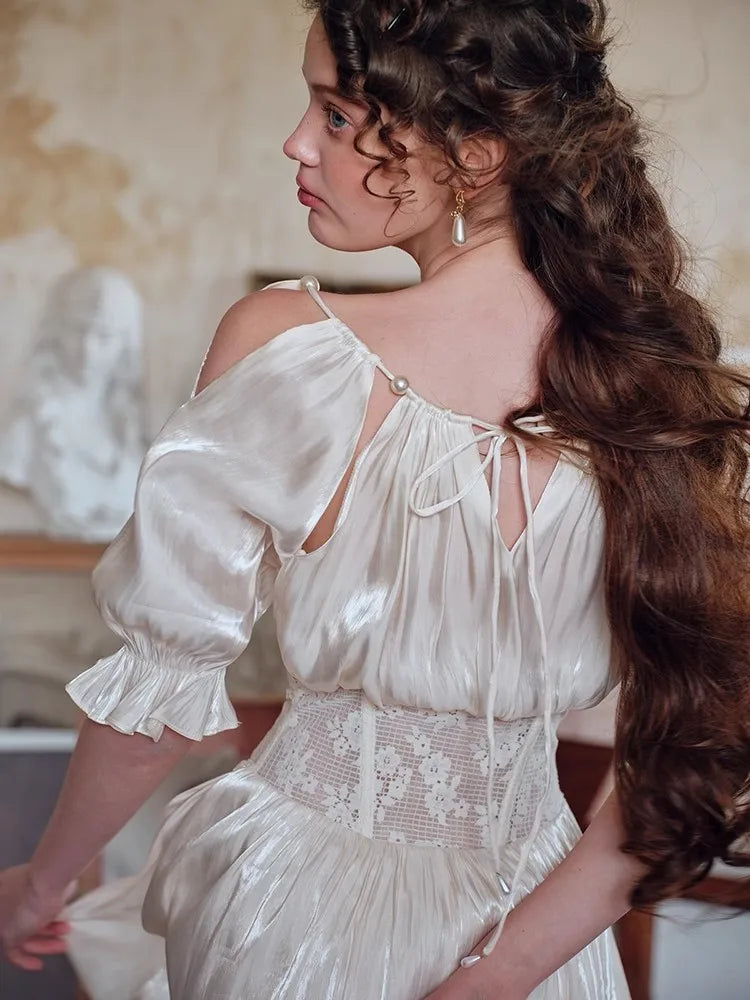 French Renaissance Women Hollow Lace Waist Trainer Dress Satin Glossy Puff Sleeve Midi Long Dress Party Fairy Summer Clothes