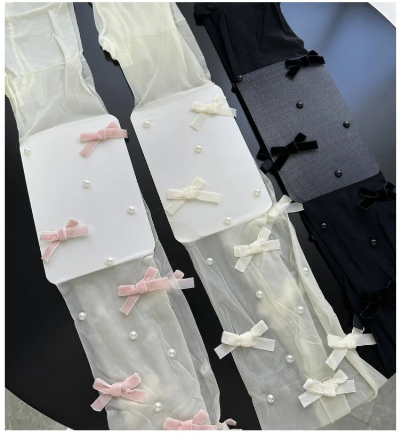 Lolita Pink Velvet Bow Embroidery Pearl Tights Pantyhose Fashion Women Tights JK Lolita Styles Sweet Girls Kawaii Cute Stocking