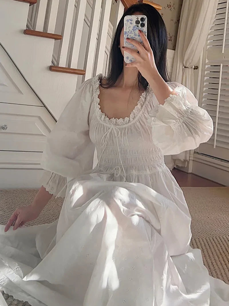 Cotton Embroidery French Languid U-Neck Ruffles Princess Nightgown Lace-up Vintage Fairy Night Dress Spring Pajamas Sleepwear