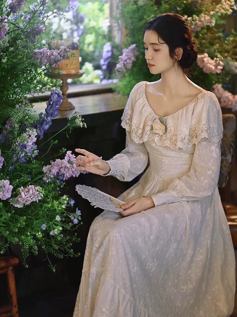 Parisian Signature Women European Vintage Embroidered Slim Waist Comfortable Cotton Maxi Dresses