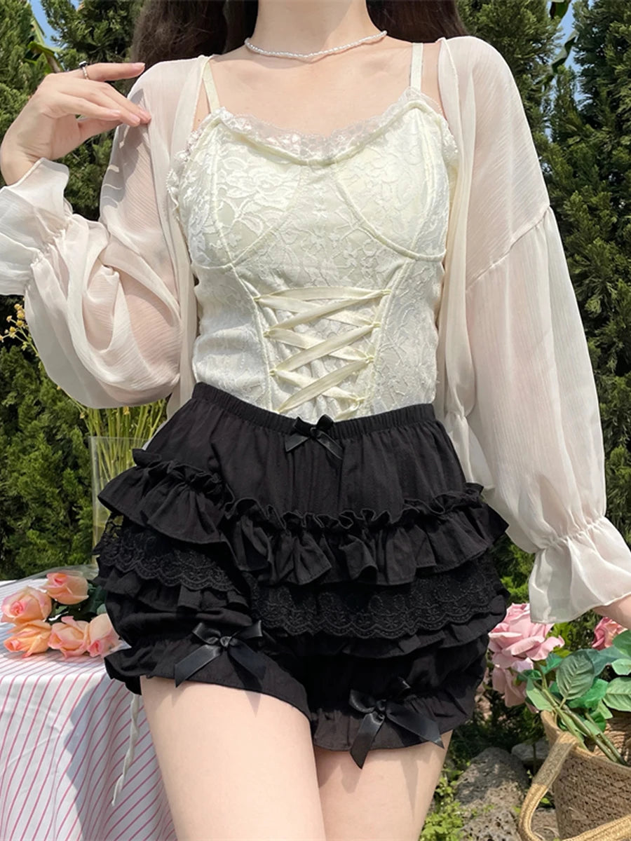 Women s Fashion Bloomers Shorts Lace Layered Ruffle Bowknot Elastic Waist Short Pants Summer Casual Shorts
