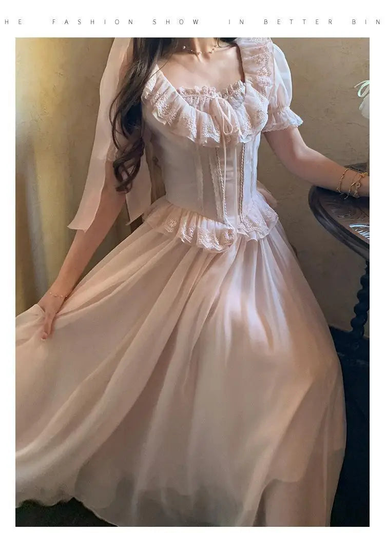 Timeless Signature Parisian Blush Pink Lace Dress French Couture Puff Sleeve Sweet Elegant Max