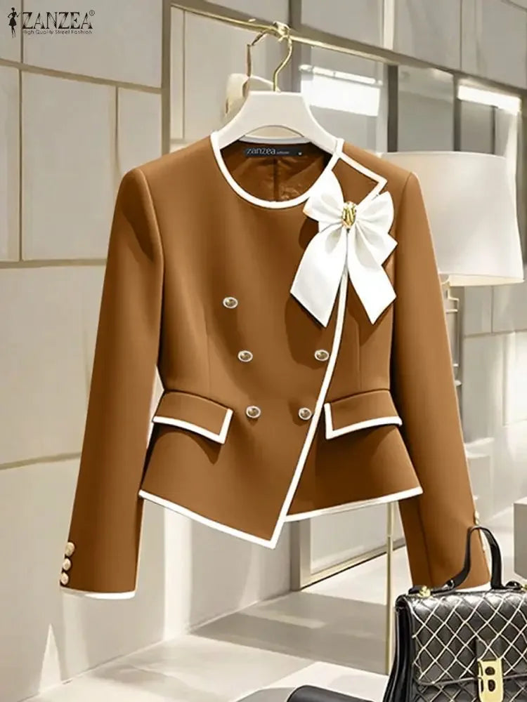 Parisian Elegant Blazer Double Breasted Long Sleeve Coats Women Fashion Bow Office Outerwear 2025 Casual Street Jackerts