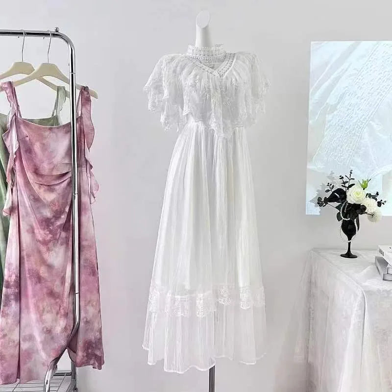 The Petal-Whisper Chiffon Gown: A Vintage Parisian Fairy Dress | Half-High Collar Lace Maxi | Parisian Princess