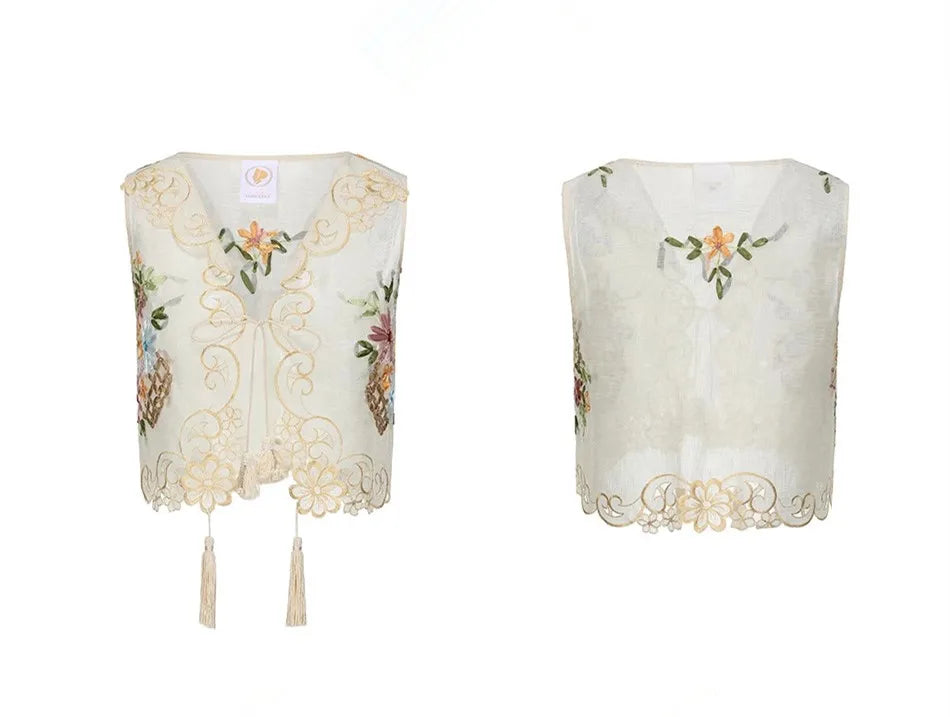 The Antoinette Tassel Embroidery Vest | French Antique Floral Cotton Gilet | Open-Stitch V-Neck | Parisian Princess