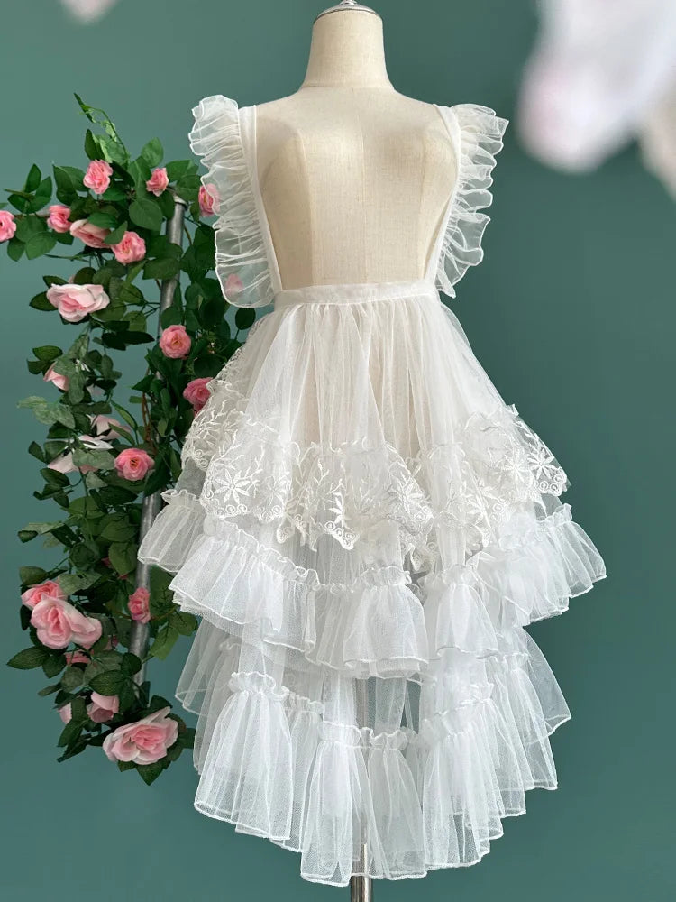 Royal Sweet Lolita Style Mesh Apron Ruffled Sheer Cover up Skirts Women French White Parisian Cute Princess Skirts