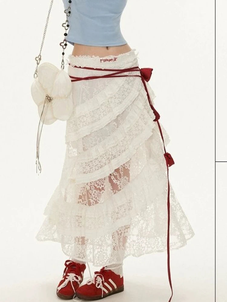 Elegant Fairycore Lace Long Skirts Women Boho Irregular Tulle Layered Skirt Vintage White See Through Holiday Skirts