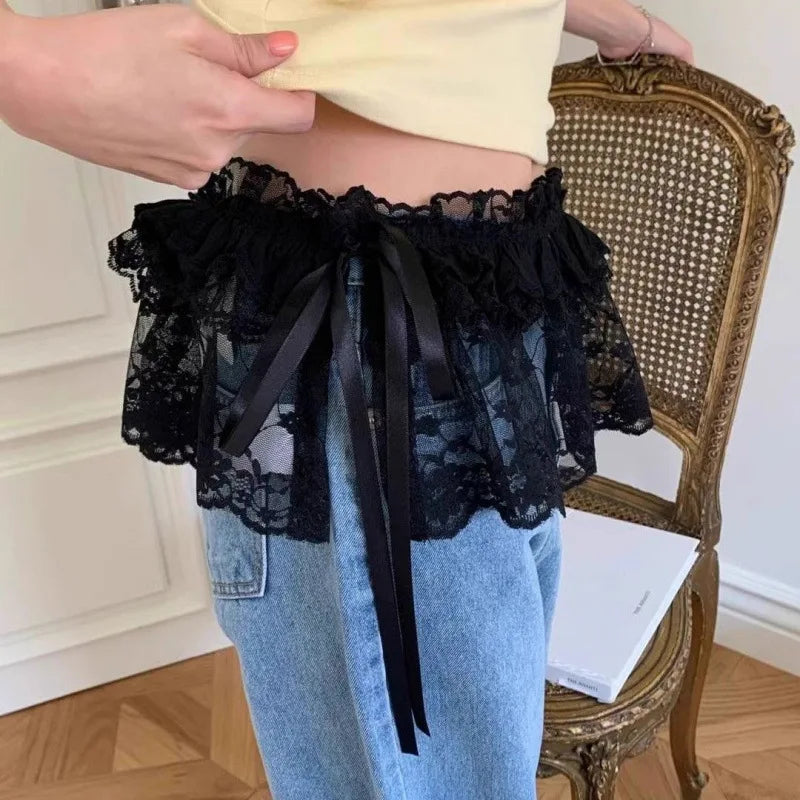 Lace Mini Skirts Women Elegant Sweet Lolita Short Skirts High Waist Ruffle Skirts Lace Trim Butt Curtain Skirt