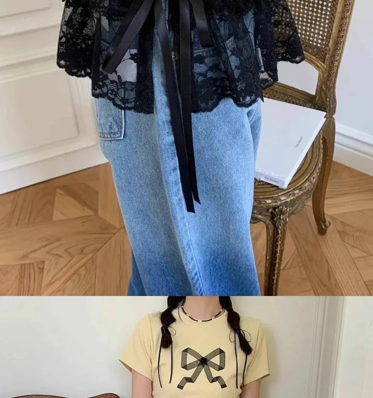 Lace-up Lace Side Half-body Skirt Short Sash Curtain Apron Girls Sweet Jeans Casual Pants Accessories Skirt