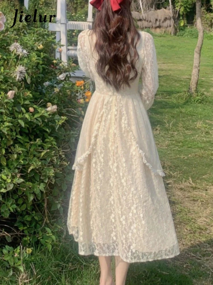 French Vintage Dress Women Summer Long Sleeve Elegant Party Midi Dress Female Casual Retro One Piece Dress Casual