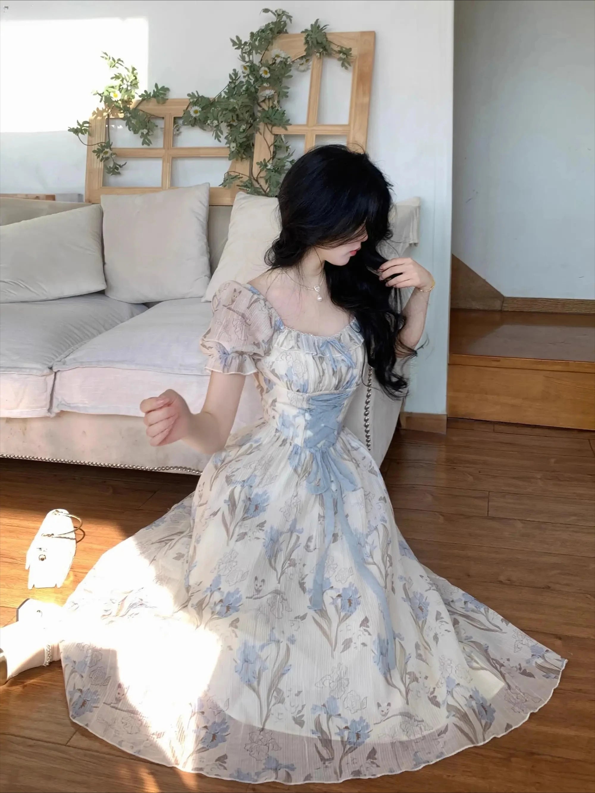 The Trianon Fairy Midi | Parisian Lace Puff Sleeve Princess Gown | Summer Fairycore A-Line Party Dress | Parisian Princess