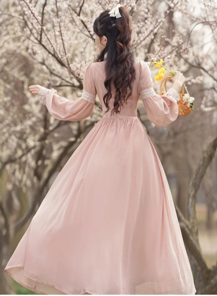 Romantic Pink Chiffon Fairy Dress Woman Vintage Lantern Sleeve V-Neck Lace Princess Dresses For Party Night Vestido Festa