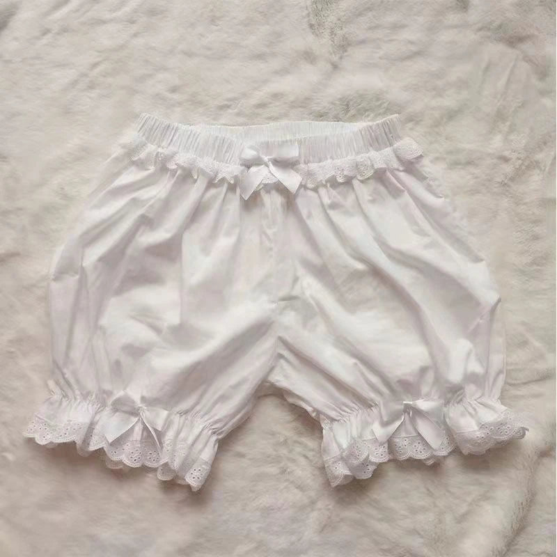 French Sweet Lolita Safety Short Pants Women Parisian Ruffleds Knickers Cotton Elastic Waist Victorian Bow Shorts Cute Bloomers