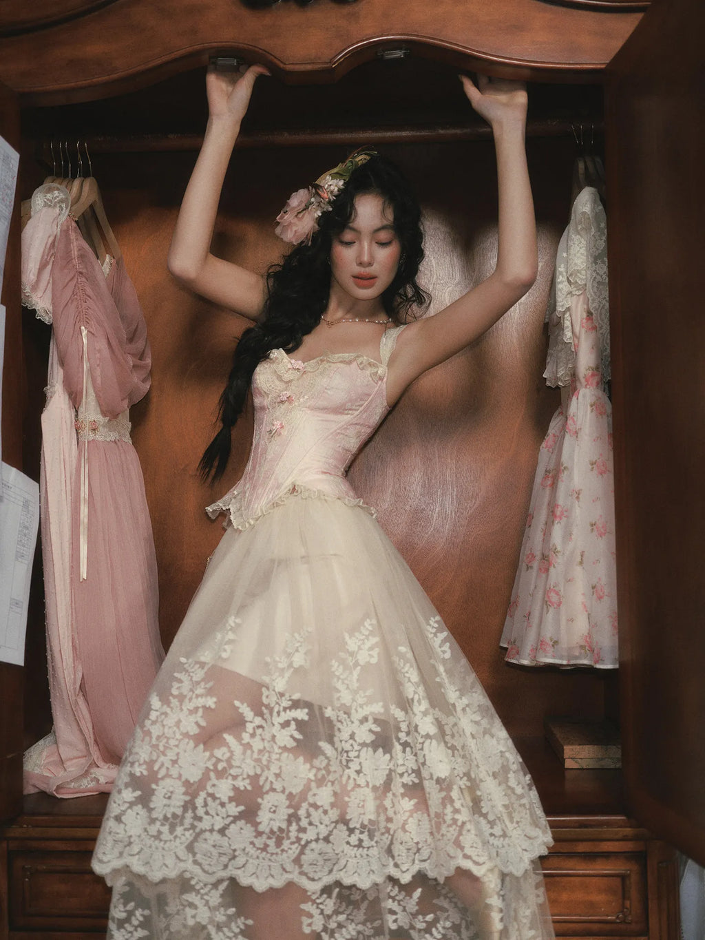The Rosebud Versailles Lace Set | Pink Bustier & Shimmer Beige Maxi Skirt | Embroidered Two-Piece Gown | Parisian Princess