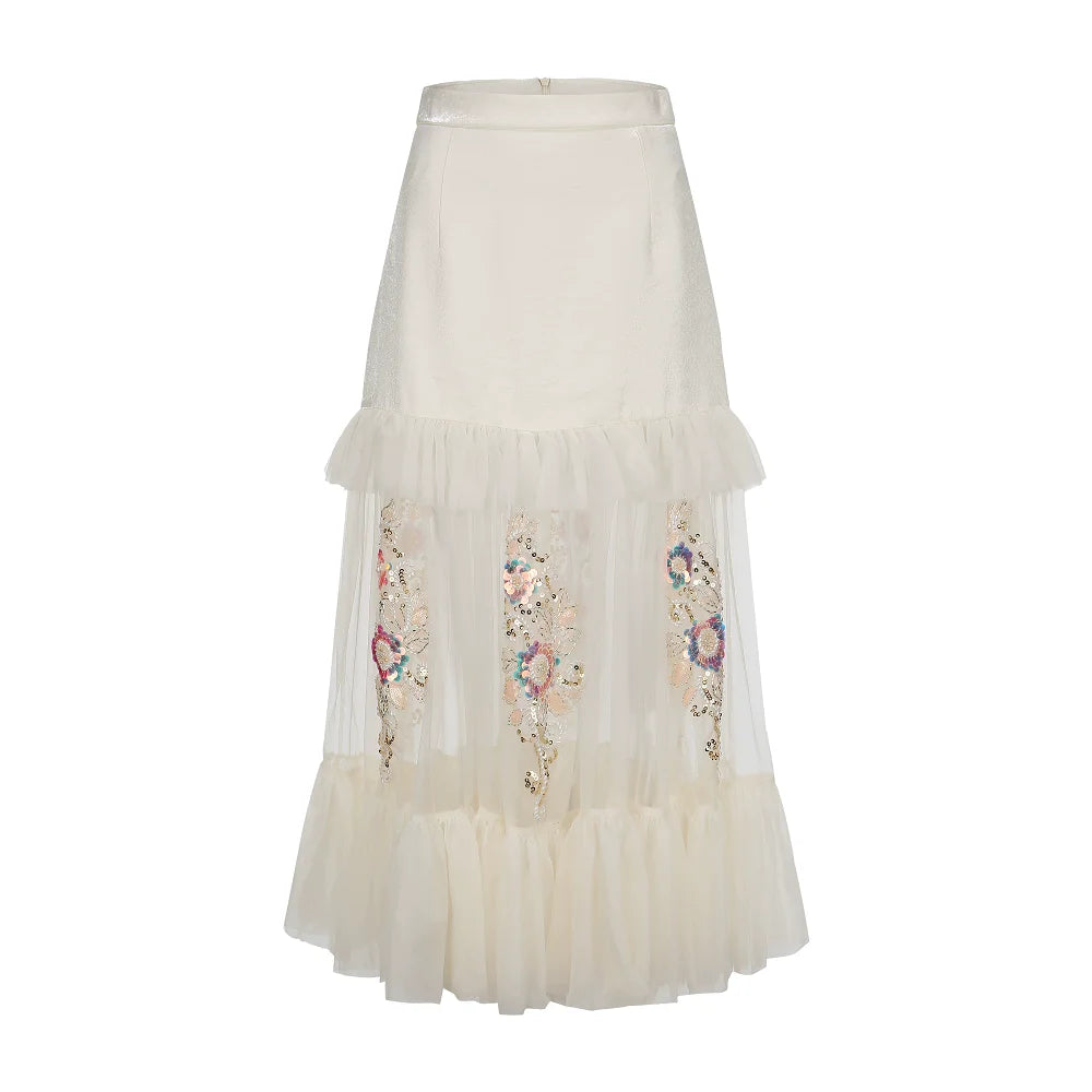 The Aurelia Beaded Gauze Skirt | Hand-Stitched Apricot Maxi | French Flounce Skirt with Ear Fringe | Parisian Princess