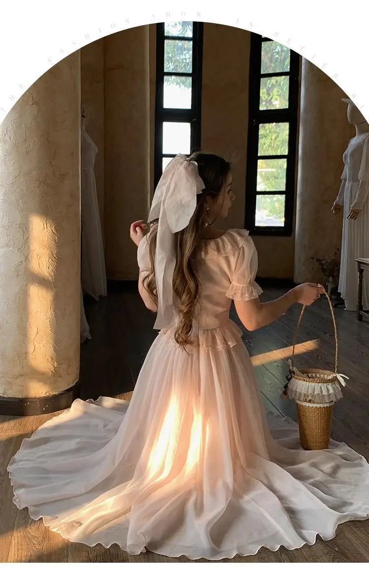 Timeless Signature Parisian Blush Pink Lace Dress French Couture Puff Sleeve Sweet Elegant Max